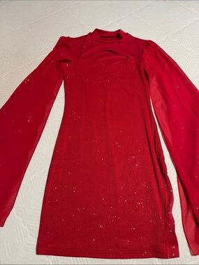 Red Long-Sleeve Sparkle Bodycon Dress with Flowy Sleeves